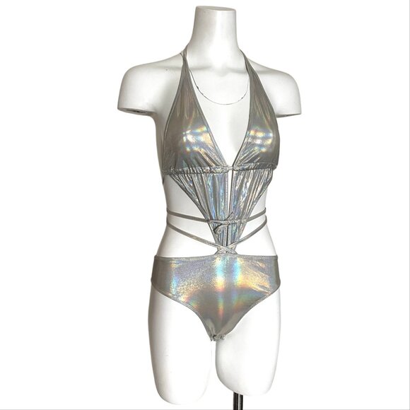NWT Shein Hologram Tie Up  bodysuit Rave Festival Burning Man - Picture 6 of 10